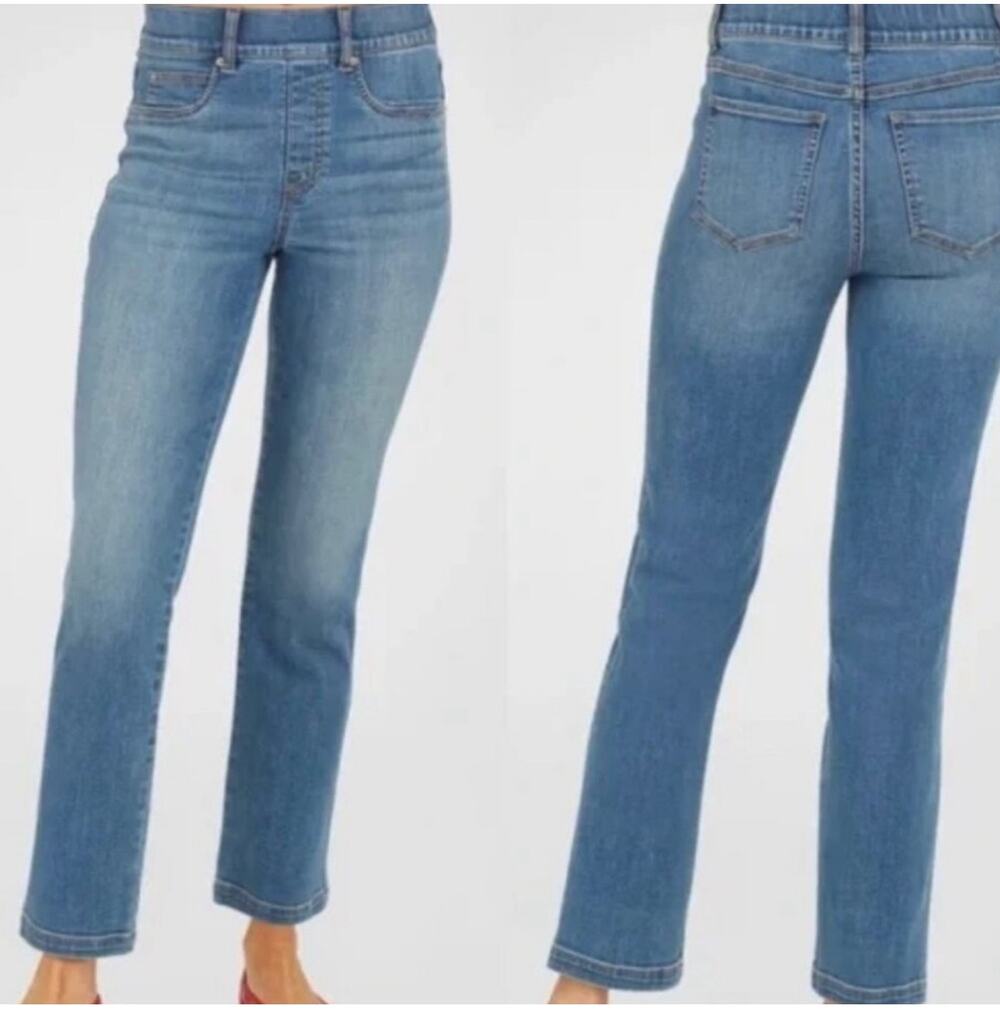 Spanx Jeans Womens Large Blue Vintage Indigo Straight Leg Denim Stretch Pull On